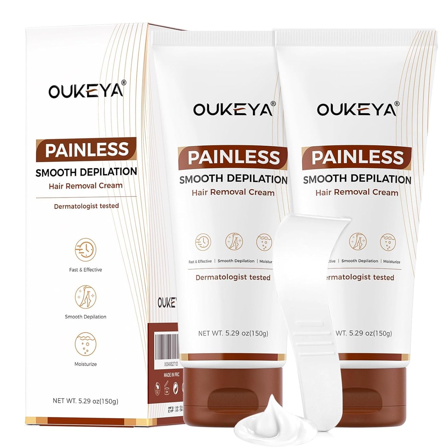 2PACK, Hair Removal Cream for Women &amp; Men Sensitive Skin, Natural Extracts Depilatory Cream for Bikini Line Legs Arms Underarms, Dermatologically Tested Painless Hair Remove Gel with Tool