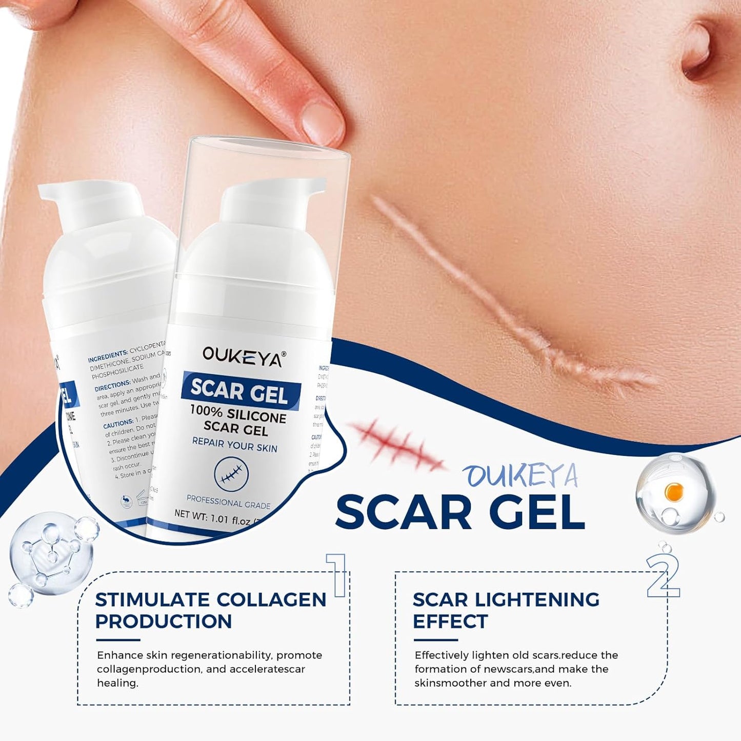 Silicone Scar Gel - 100% Silicone Cream Perfect for Sensitive Skin, Say Goodbye to Old and New Scars (30ml)
