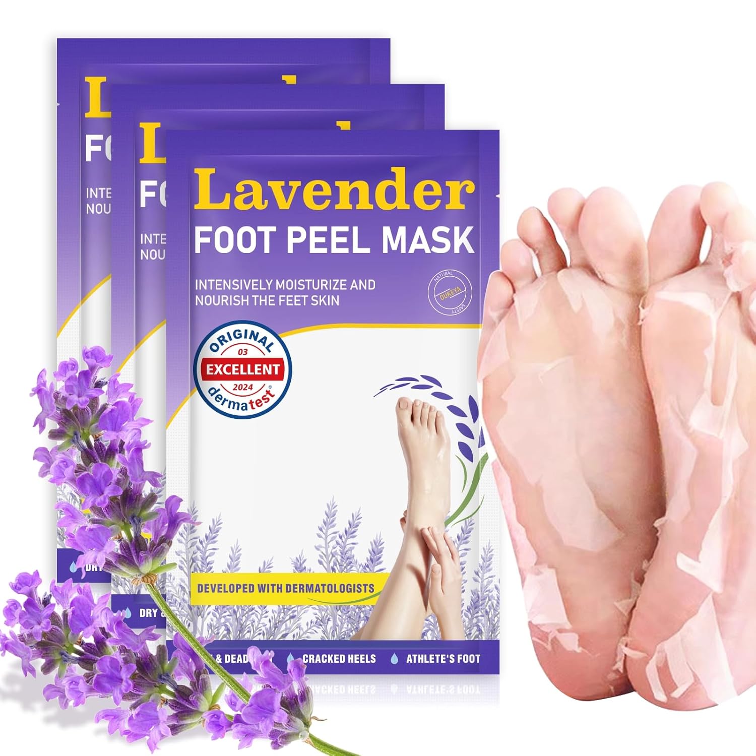 Foot Peeling Mask 3 Pairs: Peeling Foot Mask Dermatologically Tested Repairs Heels &amp; Removes Dry Dead Skin for Baby Soft Feet Exfoliating Foot Peel Mask for Dry Cracked Feet Athletes Foot Treatment