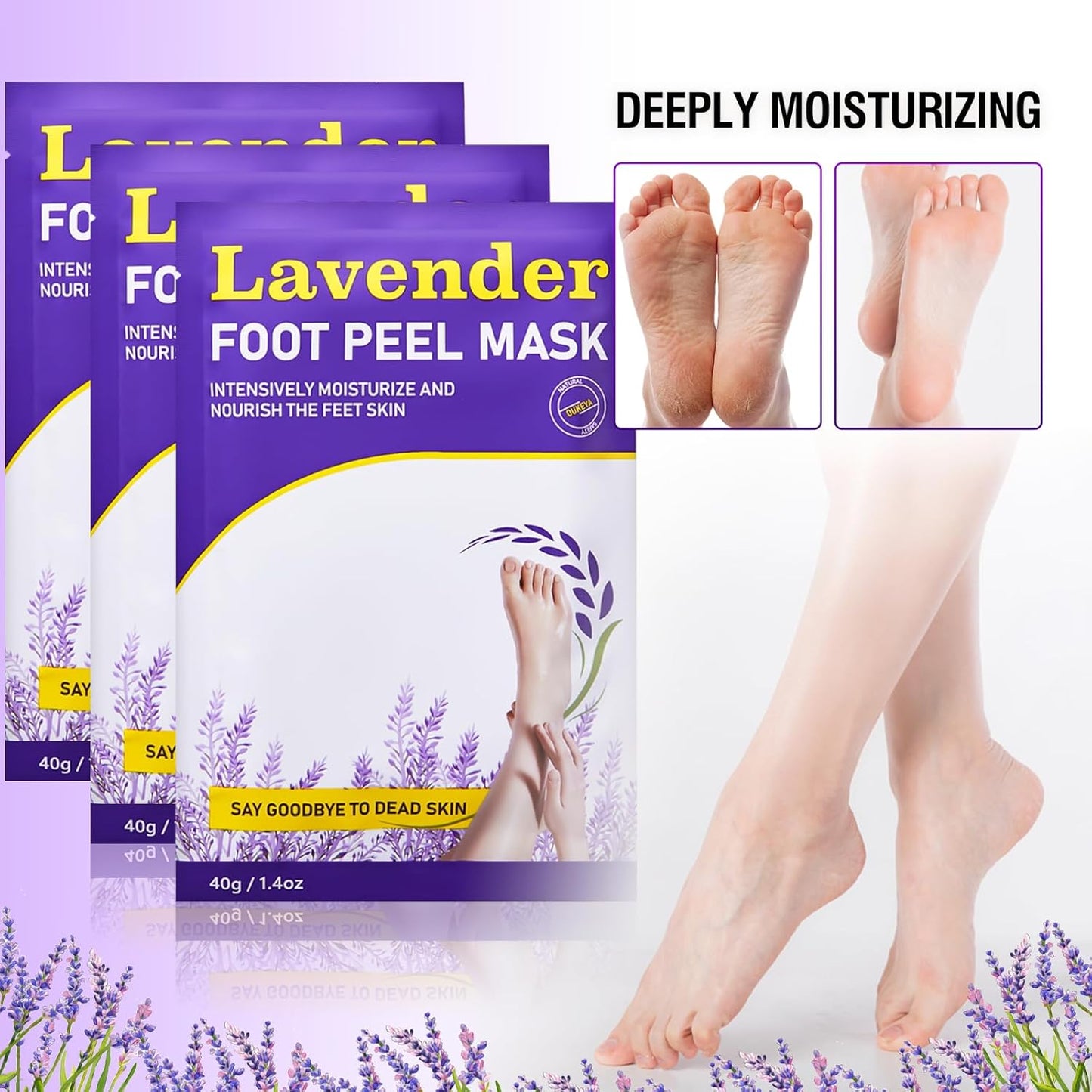 Foot Peeling Mask 3 Pairs: Peeling Foot Mask Dermatologically Tested, Heels &amp; Dry Dead Skin for Soft Feet, Foot Peel Mask (new Lavender)