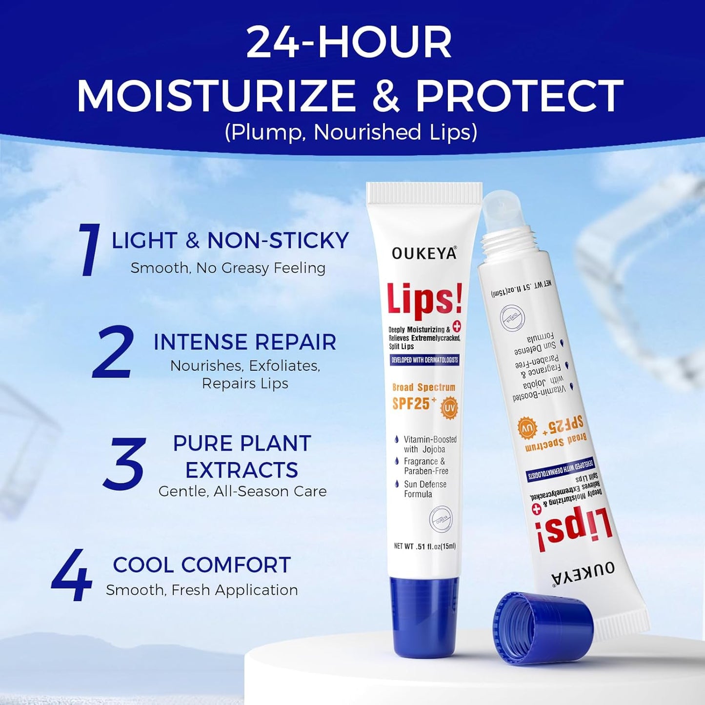 Medicated Lip Balm w/Organic &amp; 100% Natural Ingredients, Squeeze Tube Lip Butter SPF 25+ Long-Lasting Moisturizing Overnight Lip Mask Gentle Exfoliation Extreme Dry Lips Treatment