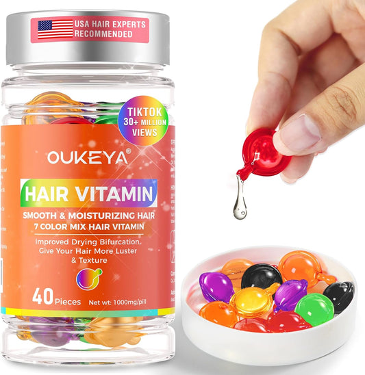 Hair Vitamins Hair Treatment Serum,No Rinse with Argan Macadamia &amp; Avocado Oils, Vitamins A,C,E,Pro B5 - Hair Serum Capsule for Frizzy and Damaged - Hair Conditioner for Women Men (7 Colors)