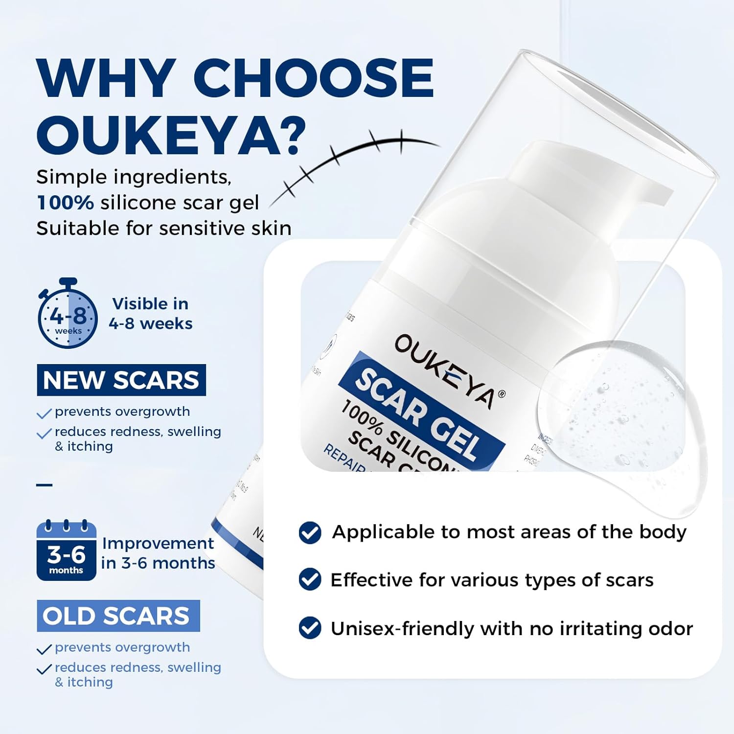 Silicone Scar Gel - 100% Silicone Cream Perfect for Sensitive Skin, Say Goodbye to Old and New Scars (30ml)