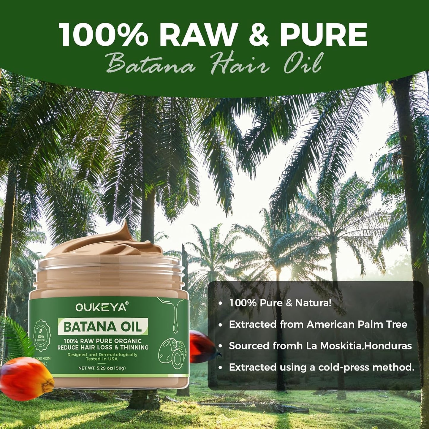 Raw Batana Oil for Hair Growth, 100% Natural Pure Dr. Sebi Batana Oil from Honduras, Organic Batana Oil Hair Growth Oil for Prevent Hair Loss, Enhances Hair Thickness, for Men &amp; Women 5.3 oz