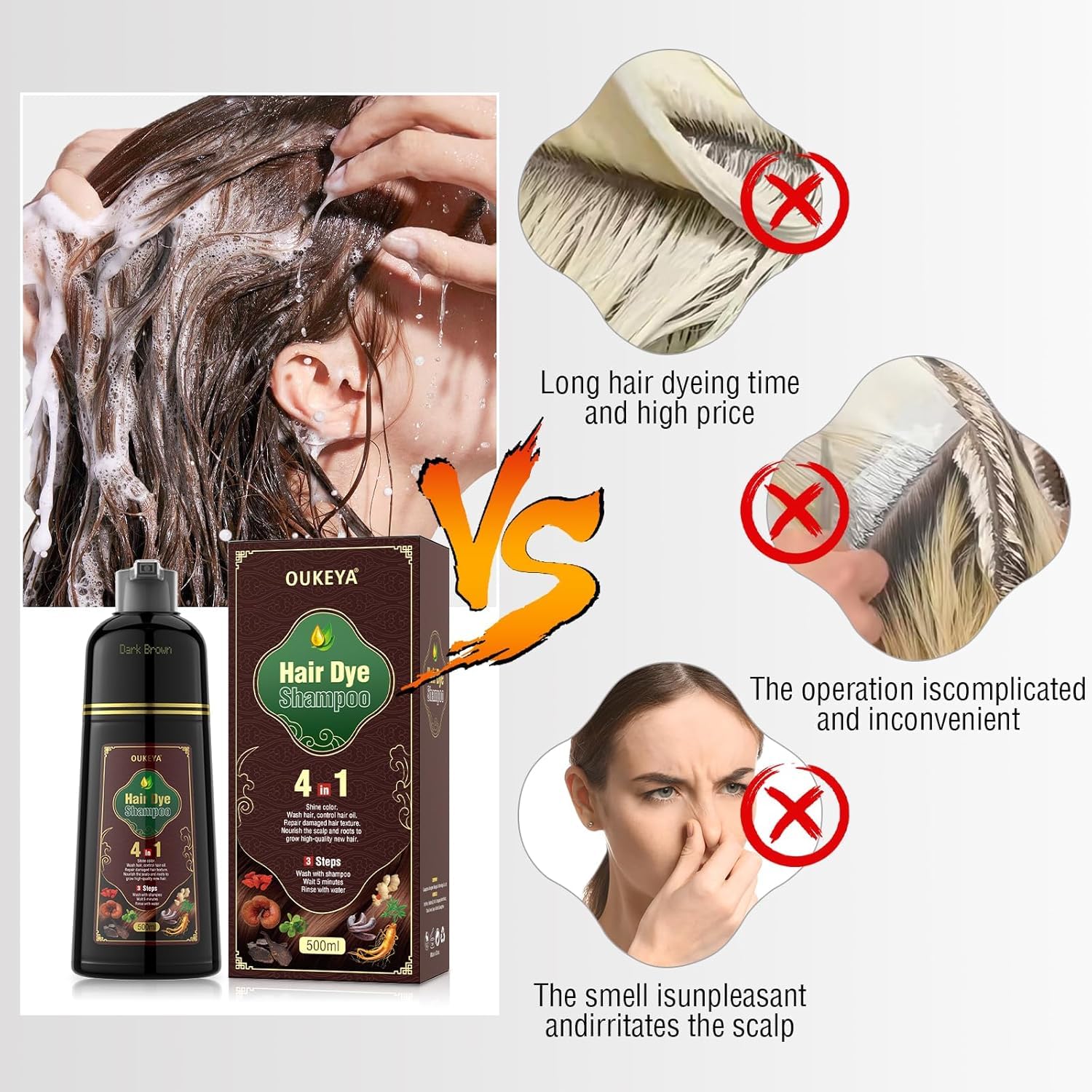 Dark Brown Hair Dye Shampoo 4 In 1, Hair Color Shampoo for Gray Hair Coverage for Women &amp; Men, Instant Natural Herbal Ingredients Color Professional Salon-Level Treatments